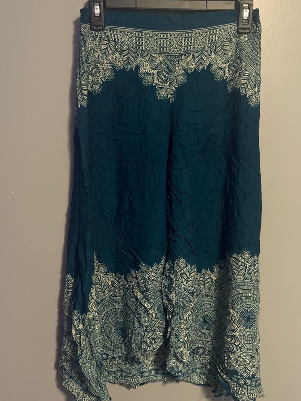Teal wide leg Pants with Cream Boho Print